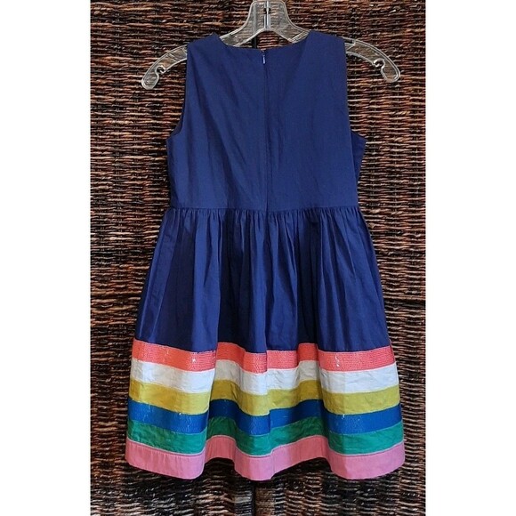Mini Boden Sequin Tank Dress Girls 9-10 Blue Rainbow Striped Colorblock Preppy - Picture 2 of 8
